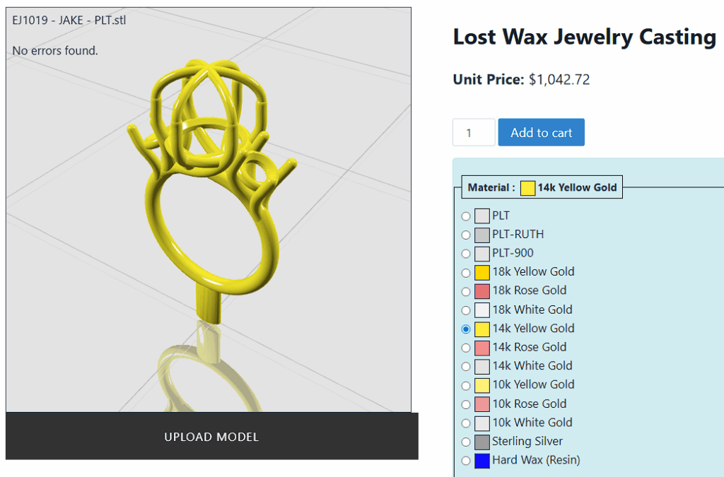 Instant 3D jewelry casting quote tool with drag-and-drop file upload and real-time pricing